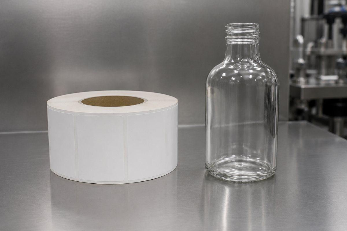 Rolo de rótulos brancos por imprimir e uma garrafa de vidro vazia sem rótulo sobre bancada de inox
